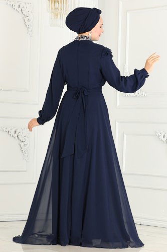 moda selvim Evening Dress 52885ALM181 Navy Blue - Thumbnail
