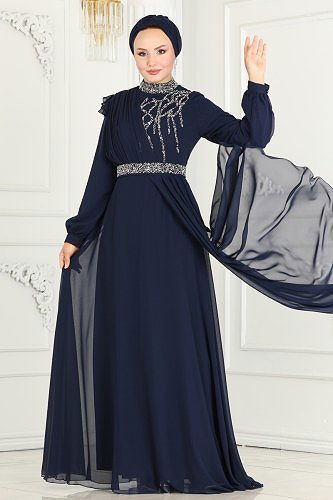 moda selvim Evening Dress 52885ALM181 Navy Blue - Thumbnail