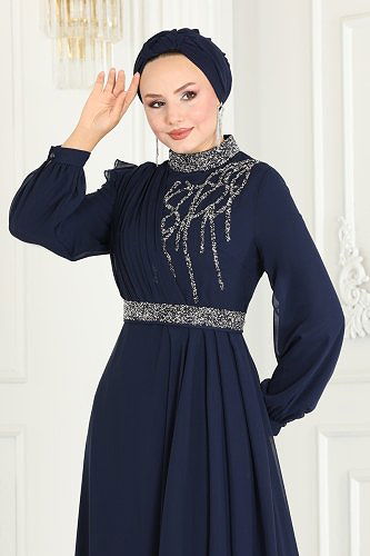 moda selvim Evening Dress 52885ALM181 Navy Blue - Thumbnail