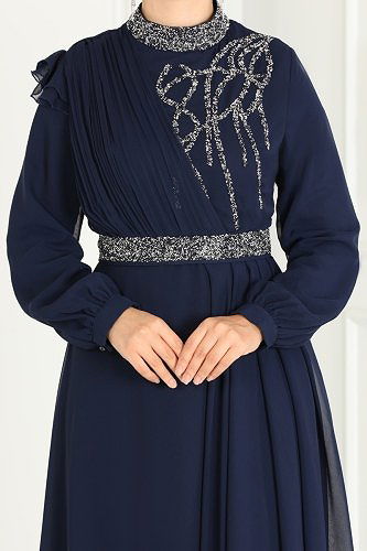 moda selvim Evening Dress 52885ALM181 Navy Blue - Thumbnail