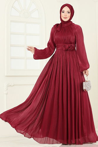 moda selvim Evening Dress 5299D170 Burgundy - Thumbnail