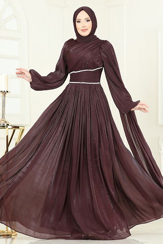 moda selvim Evening Dress 5302DMNK1166 Bitter Brown - Thumbnail