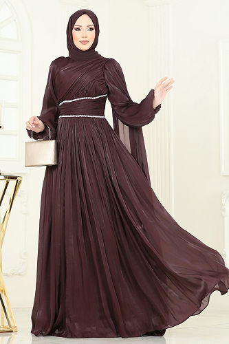 moda selvim فستان سهرة بني غامق 5302DMNK1166 - Thumbnail