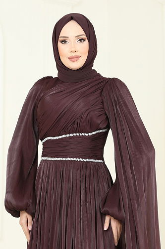 moda selvim فستان سهرة بني غامق 5302DMNK1166 - Thumbnail