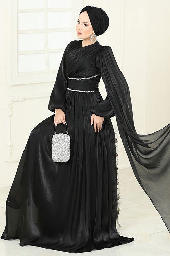 moda selvim Evening Dress 5302DMNK1166 Black - Thumbnail