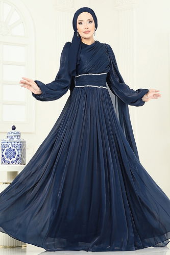 moda selvim فستان سهرة كحلي 5302DMNK1166 - Thumbnail