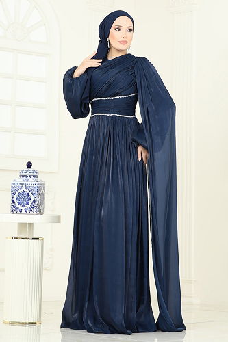 moda selvim فستان سهرة كحلي 5302DMNK1166 - Thumbnail