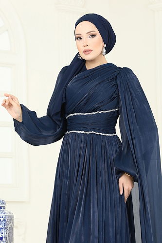 moda selvim فستان سهرة كحلي 5302DMNK1166 - Thumbnail