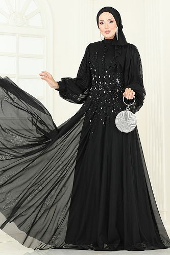 moda selvim Evening Dress 5315D170 Black - Thumbnail