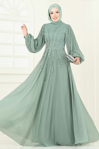moda selvim فستان سهرة أخضر باهت 5315D170 - Thumbnail