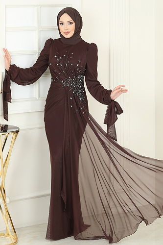 moda selvim Evening Dress 5349DMNK1166 Brown - Thumbnail