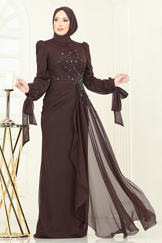 moda selvim Evening Dress 5349DMNK1166 Brown - Thumbnail