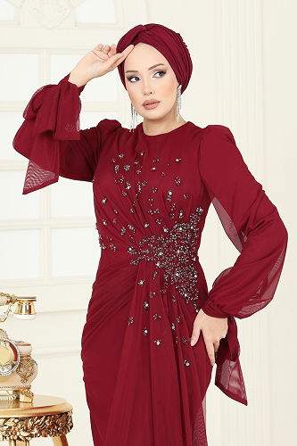 moda selvim Evening Dress 5349DMNK1166 Burgundy - Thumbnail