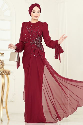 moda selvim فستان سهرة خمري 5349DMNK1166 - Thumbnail