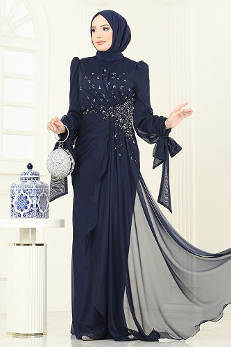 moda selvim فستان سهرة كحلي 5349DMNK1166 - Thumbnail