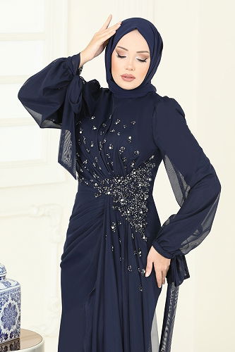 moda selvim فستان سهرة كحلي 5349DMNK1166 - Thumbnail