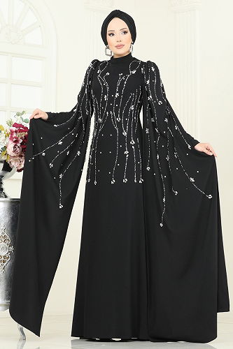 moda selvim فستان سهرة أسود 5370DMNK1166 - Thumbnail