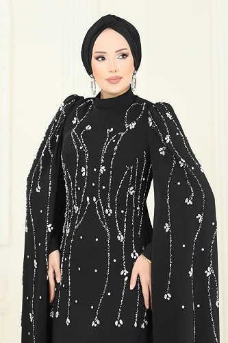 moda selvim فستان سهرة أسود 5370DMNK1166 - Thumbnail