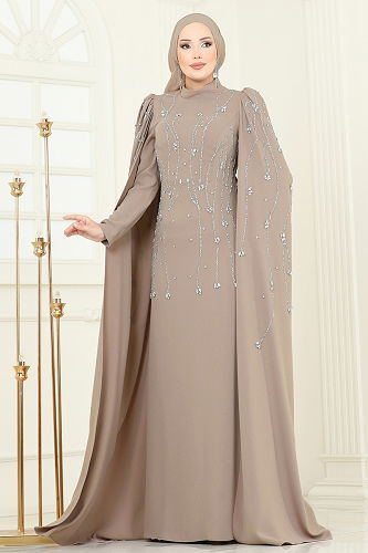 moda selvim Evening Dress 5370DMNK1166 Brown with Milk - Thumbnail
