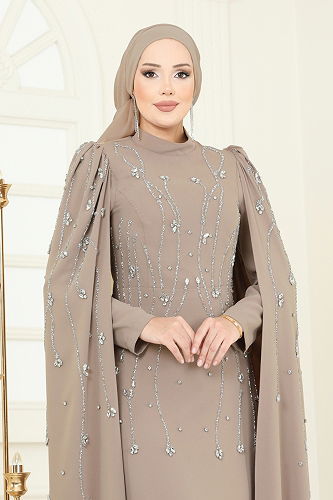 moda selvim Evening Dress 5370DMNK1166 Brown with Milk - Thumbnail