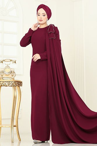 moda selvim Evening Dress 5375DMNK1166 Burgundy - Thumbnail