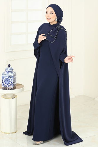 moda selvim فستان سهرة كحلي 5375DMNK1166 - Thumbnail