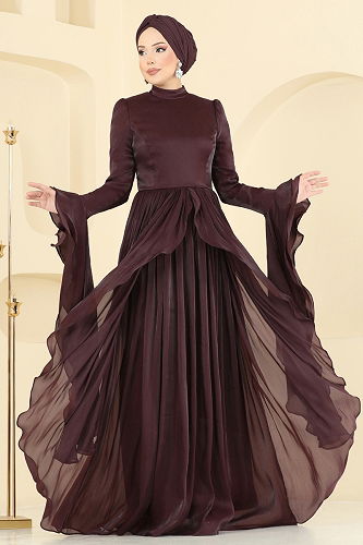 moda selvim فستان سهرة بني 5398DMNK1166 - Thumbnail