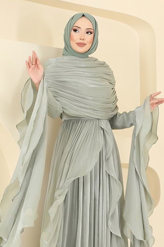 moda selvim فستان سهرة أخضر باهت 5398DMNK1166 - Thumbnail