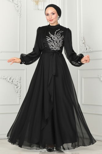 moda selvim Evening Dress 5402AB368 Black - Thumbnail