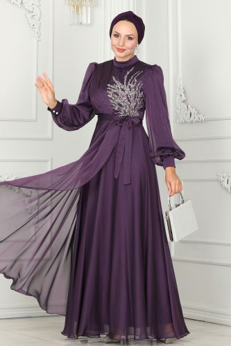 moda selvim Evening Dress 5402AB368 Dark Lilac - Thumbnail