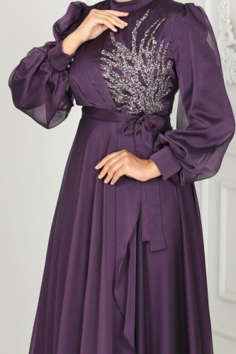 moda selvim Evening Dress 5402AB368 Dark Lilac - Thumbnail