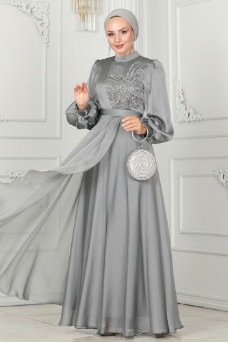 moda selvim Evening Dress 5402AB368 Gray - Thumbnail