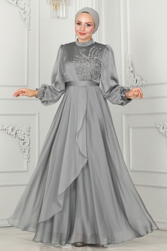 moda selvim Evening Dress 5402AB368 Gray - Thumbnail