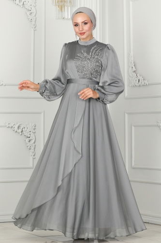 moda selvim Evening Dress 5402AB368 Gray - Thumbnail