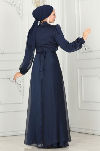 moda selvim Evening Dress 5402AB368 Navy Blue - Thumbnail