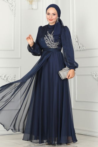 moda selvim Evening Dress 5402AB368 Navy Blue - Thumbnail