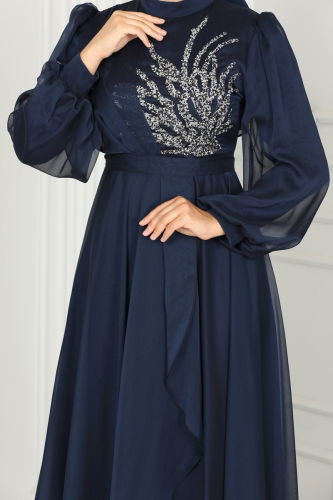 moda selvim Evening Dress 5402AB368 Navy Blue - Thumbnail