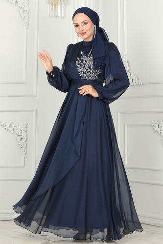 moda selvim Evening Dress 5402AB368 Navy Blue - Thumbnail