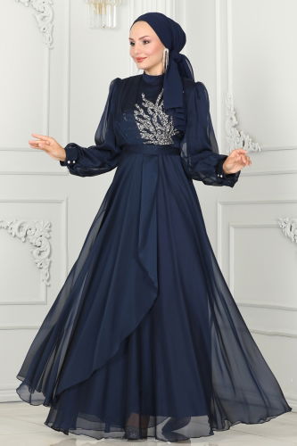 moda selvim Evening Dress 5402AB368 Navy Blue - Thumbnail