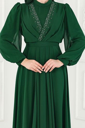 moda selvim Evening Dress 5408AB368 Emerald - Thumbnail