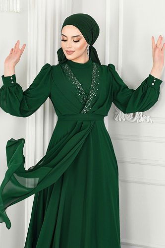 moda selvim Evening Dress 5408AB368 Emerald - Thumbnail