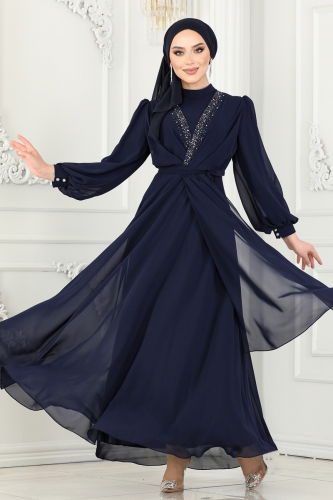 moda selvim Evening Dress 5408AB368 Navy Blue - Thumbnail