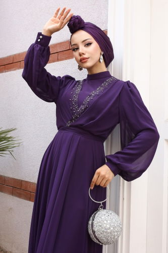 moda selvim EVENING DRESS 5408AB368 Purple - Thumbnail