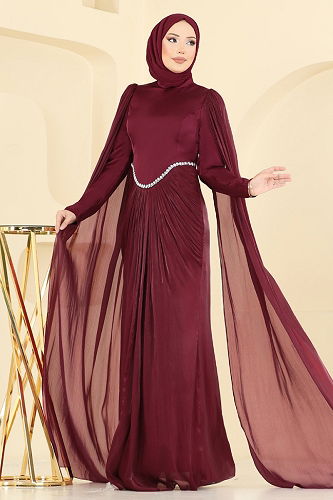moda selvim Evening Dress 5418DMNK1166 Burgundy - Thumbnail