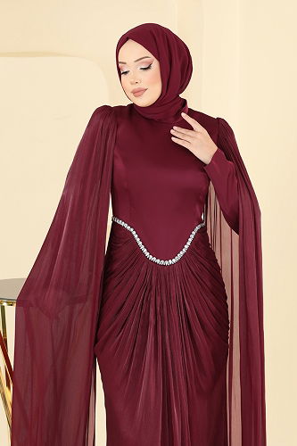 moda selvim Evening Dress 5418DMNK1166 Burgundy - Thumbnail