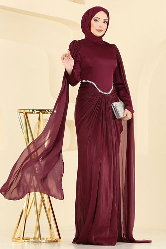 moda selvim فستان سهرة خمري 5418DMNK1166 - Thumbnail