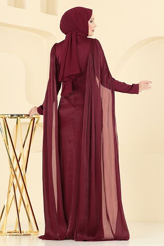 moda selvim فستان سهرة خمري 5418DMNK1166 - Thumbnail