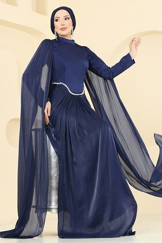 moda selvim فستان سهرة كحلي 5418DMNK1166 - Thumbnail