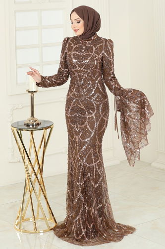 moda selvim Evening Dress 5428DMNK1166 Brown - Thumbnail