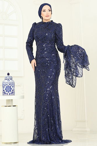 moda selvim فستان سهرة كحلي 5428DMNK1166 - Thumbnail